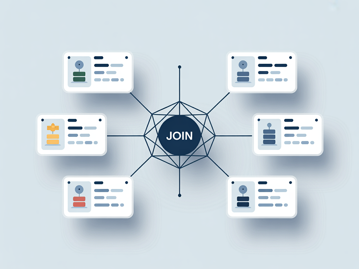 관계형 데이터베이스에서 여러 테이블을 JOIN으로 연결하는 구조를 표현한 인포그래픽