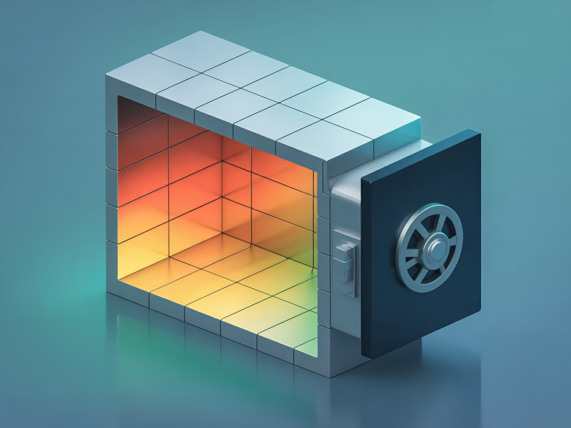 플래시 메모리 셀 구조를 방, 금고, 콘크리트 벽으로 비유한 이미지
