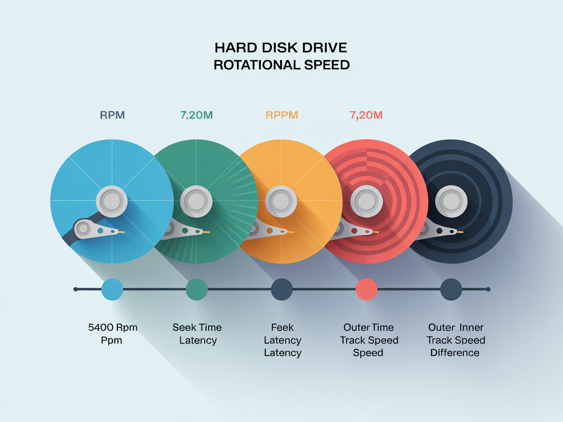 하드디스크 회전 속도 RPM과 탐색 시간 대기 시간 차이를 설명하는 디지털 인포그래픽 이미지