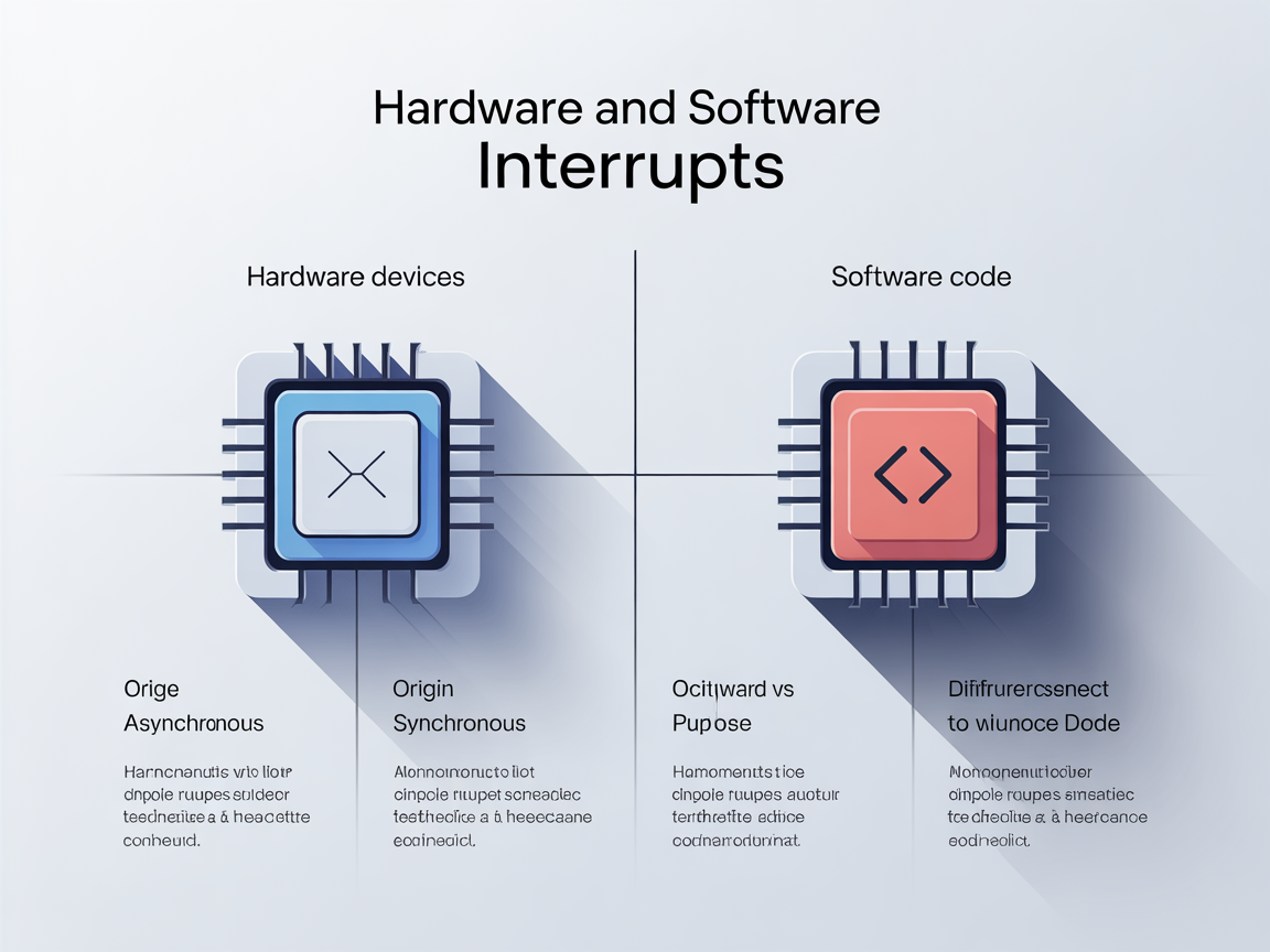 하드웨어 인터럽트와 소프트웨어 인터럽트의 차이를 비교하는 디지털 인포그래픽