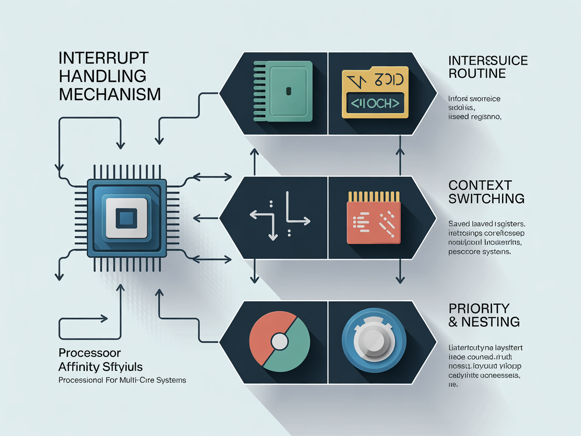 인터럽트 처리 메커니즘을 설명하는 현대적인 디지털 인포그래픽, ISR, 컨텍스트 스위칭, 우선순위 및 중첩 처리 포함