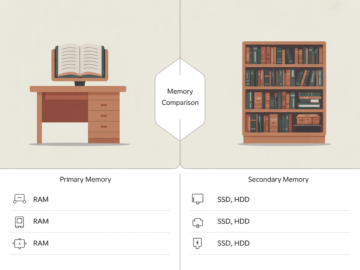 주기억장치와 보조기억장치 차이를 공부방 비유로 설명하는 깔끔한 인포그래픽