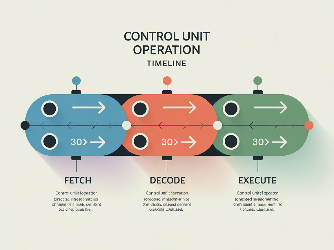 제어장치 기능의 3단계 인출 해독 실행 과정을 보여주는 타임라인 인포그래픽