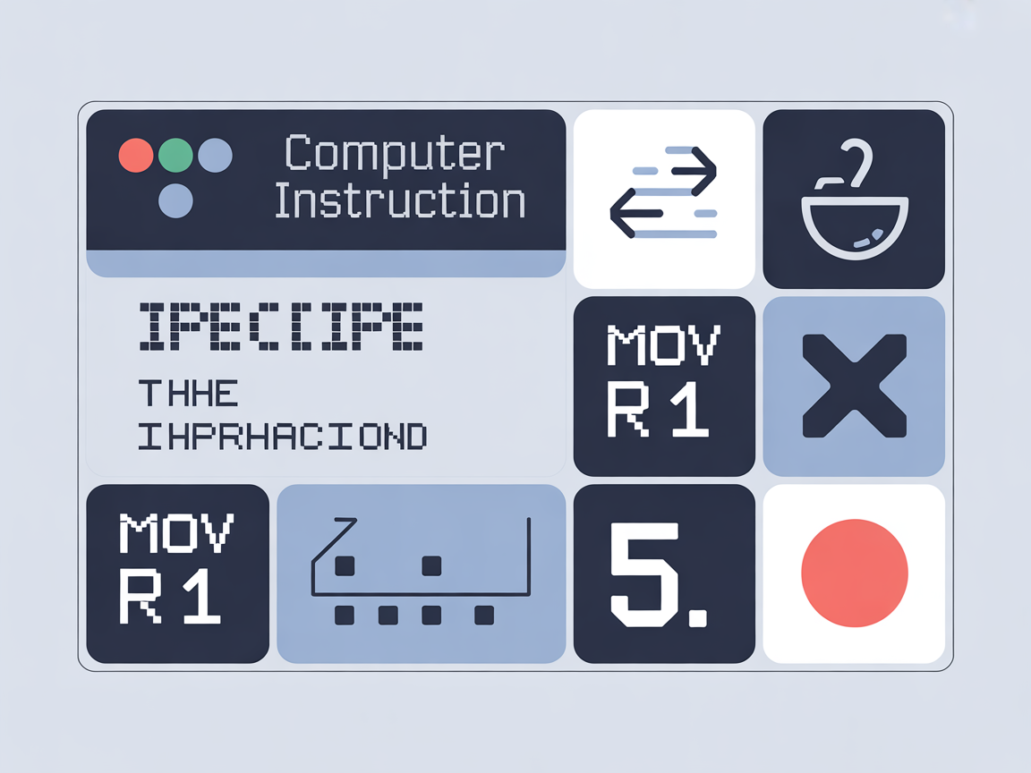 명령어 개념을 표현한 인포그래픽, Opcode와 Operand의 구조를 설명하는 요리 레시피 비유 포함