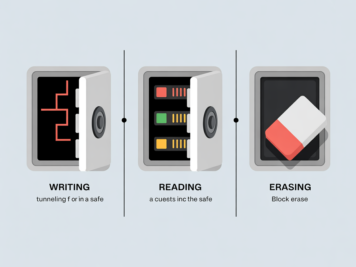 플래시 메모리의 쓰기, 읽기, 삭제 동작 원리를 표현한 이미지