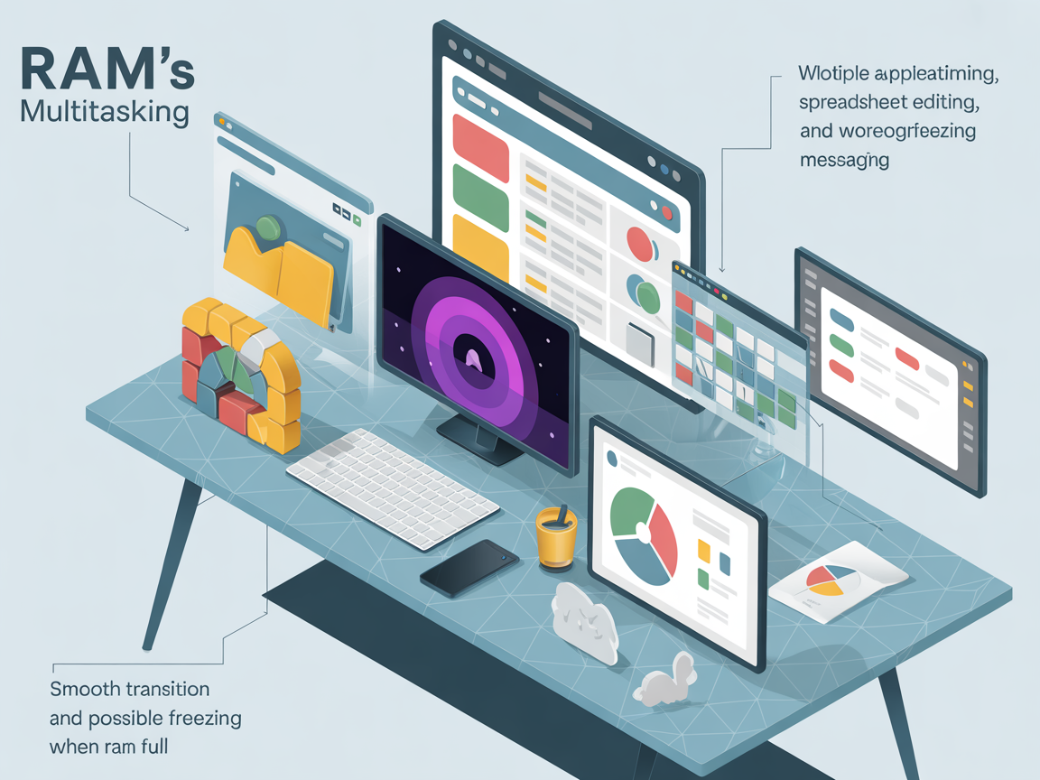 RAM이 여러 프로그램을 동시에 원활하게 돌리는 멀티태스킹 역할과 용량 부족 시 프리징 현상을 설명하는 시각적 인포그래픽