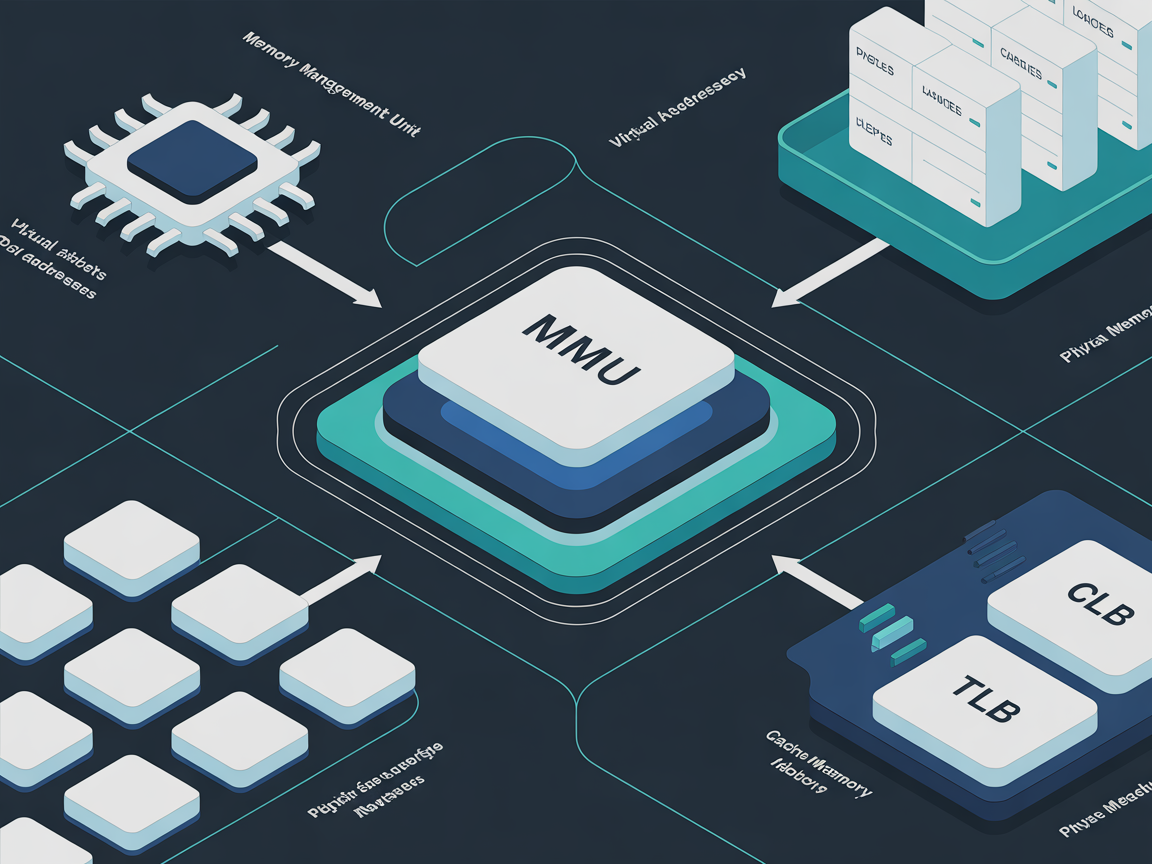 가상 주소를 실제 주소로 변환하는 MMU와 페이징 메커니즘을 보여주는 디지털 인포그래픽