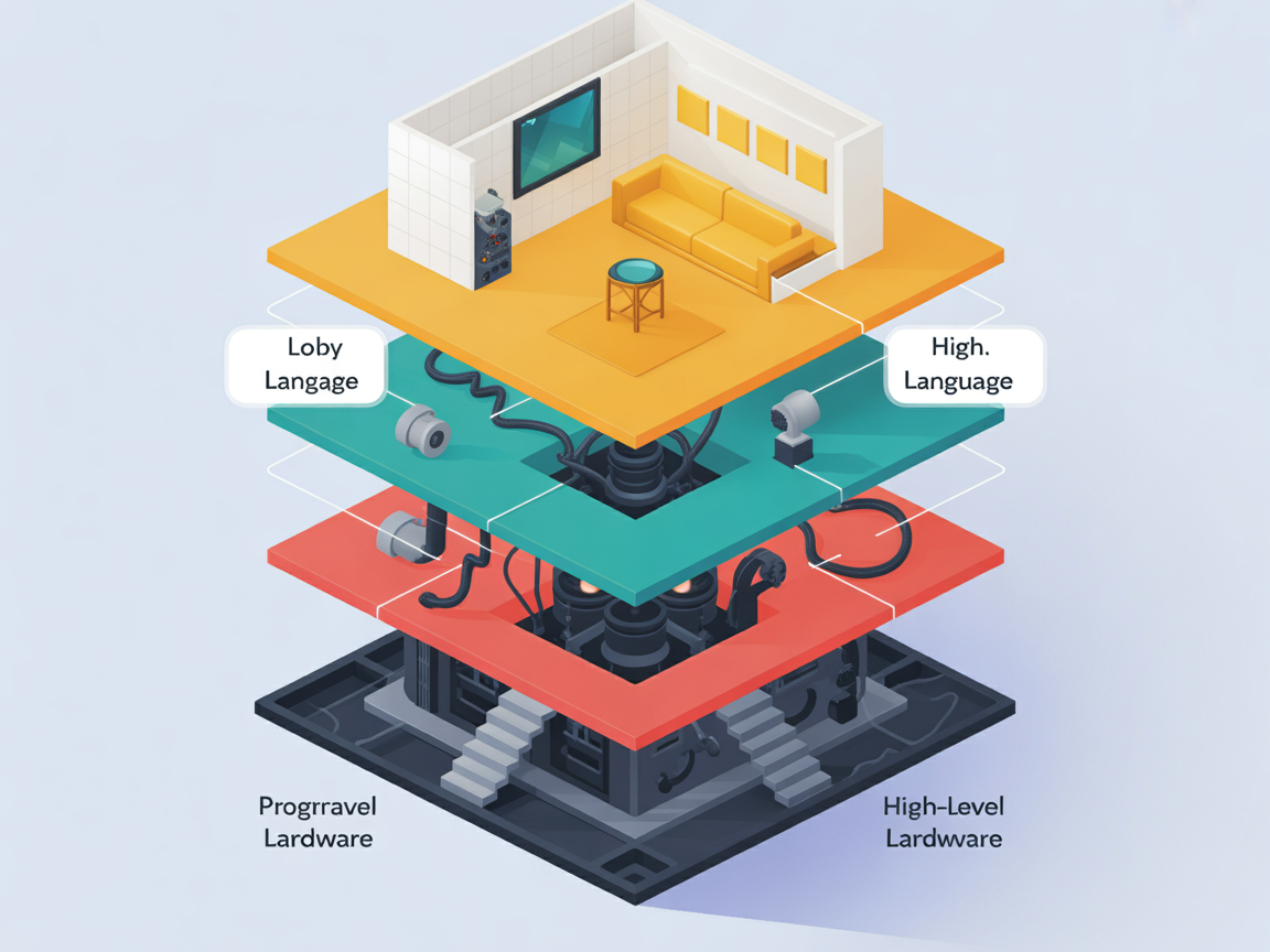 프로그래밍 언어의 레벨을 건물 층 구조로 표현한 인포그래픽 이미지