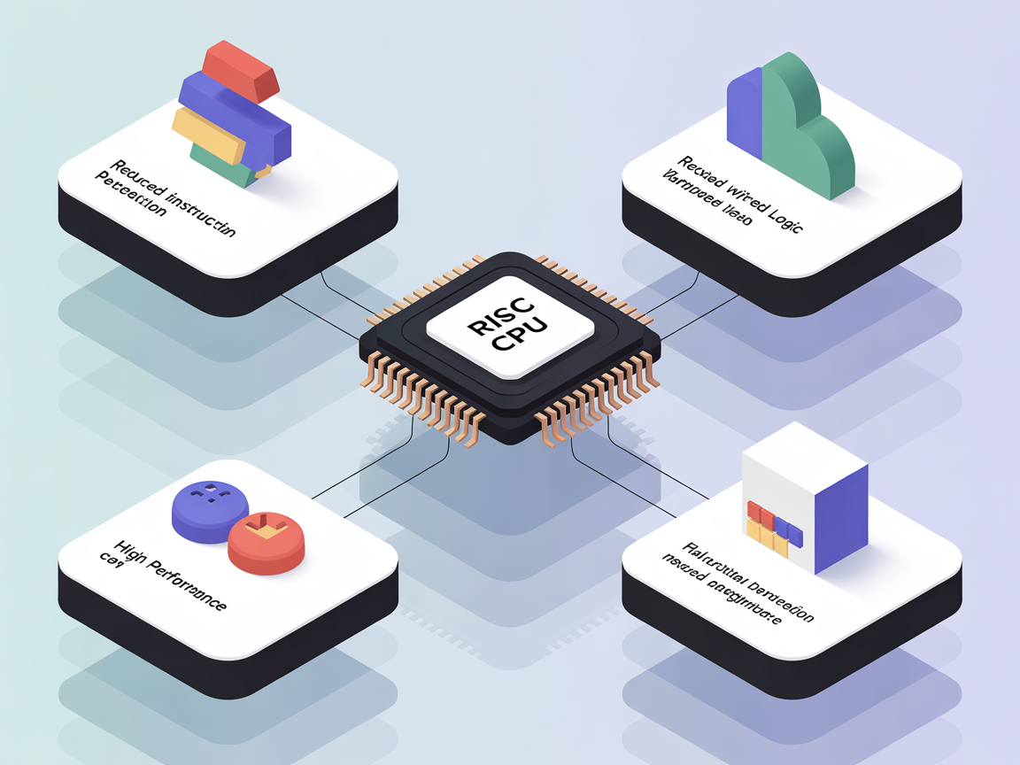 RISC CPU 개념과 철학을 현대적 디지털 인포그래픽 스타일로 시각화한 이미지