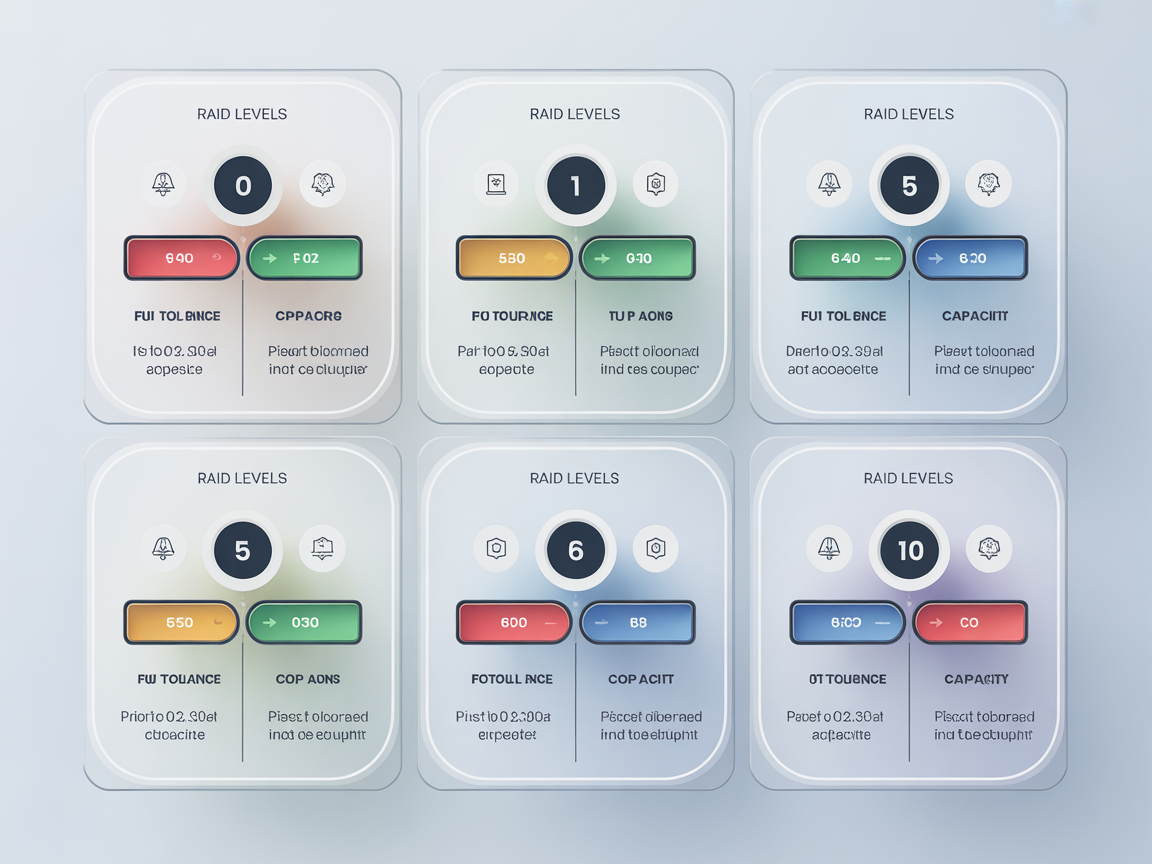 RAID 0, 1, 5, 6, 10 각 레벨의 장단점을 직관적으로 비교하는 디지털 인포그래픽