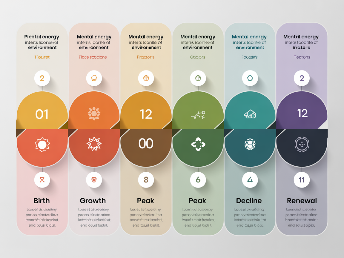 십이운성의 12단계 에너지 상호작용과 자연 순환 원리를 보여주는 타임라인 인포그래픽