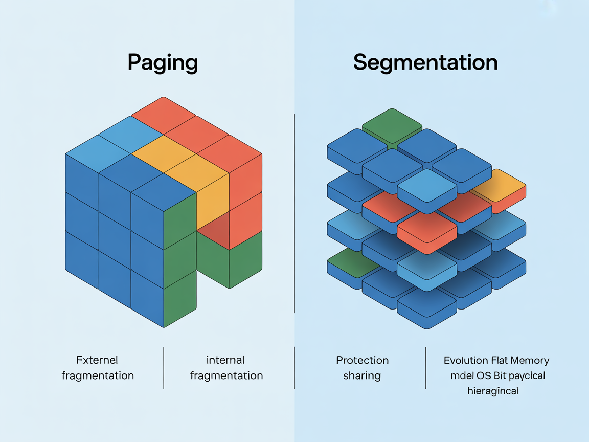 페이징과 세그멘테이션 장단점 비교와 64비트 운영체제에서 페이징 기반 모델 진화를 설명하는 인포그래픽