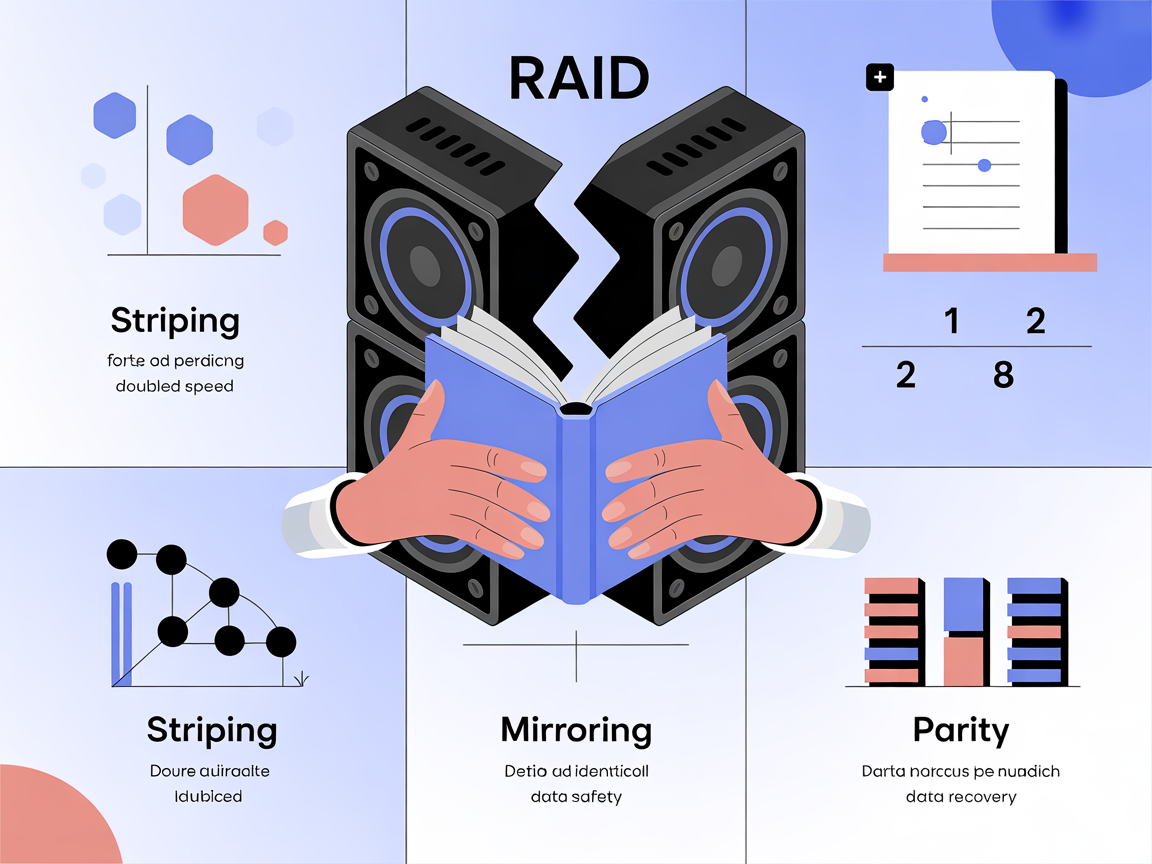 RAID의 기본 개념을 설명하는 인포그래픽, 스트라이핑, 미러링, 패리티의 비유를 시각적으로 표현한 이미지