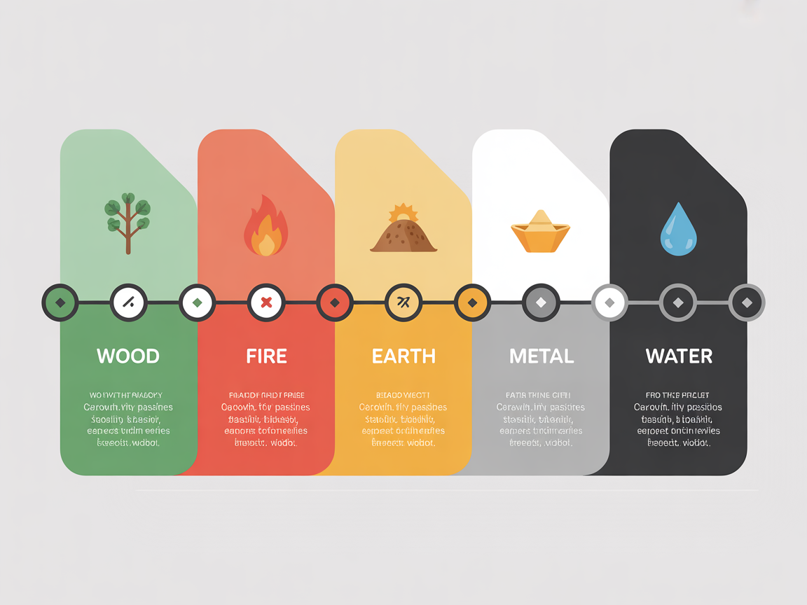 오행 다섯 가지 기본 기운을 설명하는 현대적 타임라인 인포그래픽 이미지