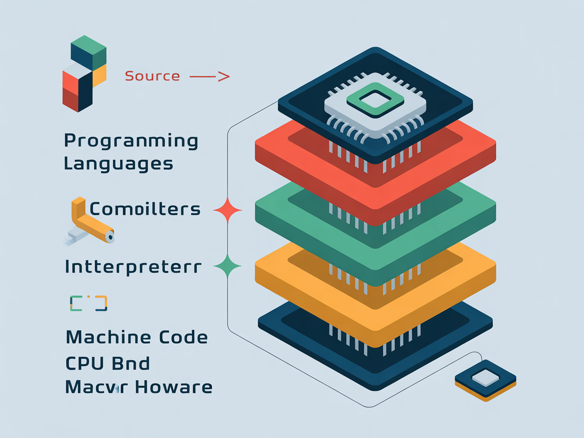 프로그래밍 언어가 인간과 기계 사이에서 통역사 역할을 하는 과정을 표현한 인포그래픽
