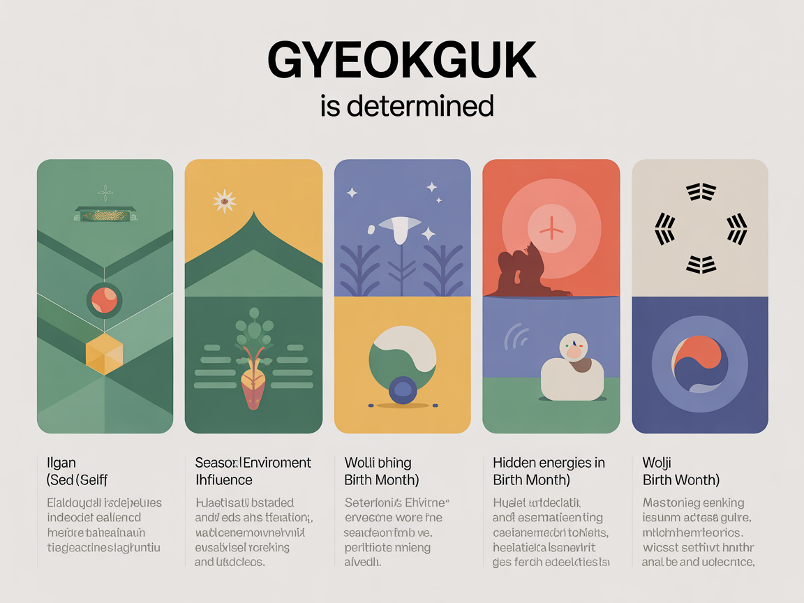격국 결정 원리를 일간과 월지의 관계를 중심으로 계절과 월지 기운을 설명하는 깔끔하고 현대적인 인포그래픽 이미지