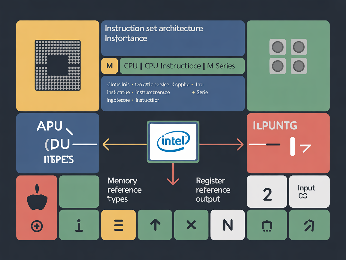 명령어 집합의 개념과 종류를 설명하는 인포그래픽, Intel과 Apple M 시리즈의 명령어 차이를 포함한 구조적 다이어그램