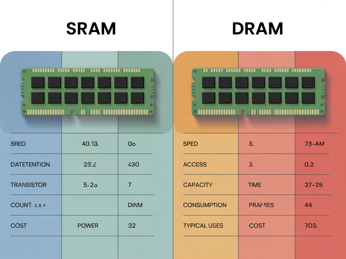 SRAM과 DRAM의 주요 특징을 한눈에 비교하는 현대적 디지털 인포그래픽 표