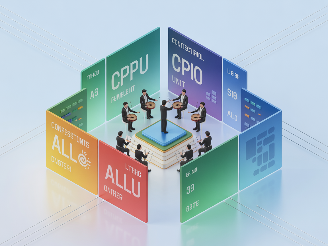 CPU를 오케스트라로 비유하여 중앙에 제어장치가 지휘하는 모습을 나타낸 인포그래픽