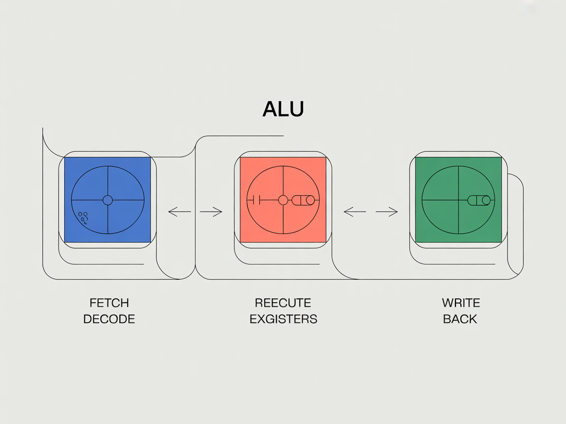 ALU와 레지스터 협업 프로세스를 3단계 흐름으로 표현한 인포그래픽