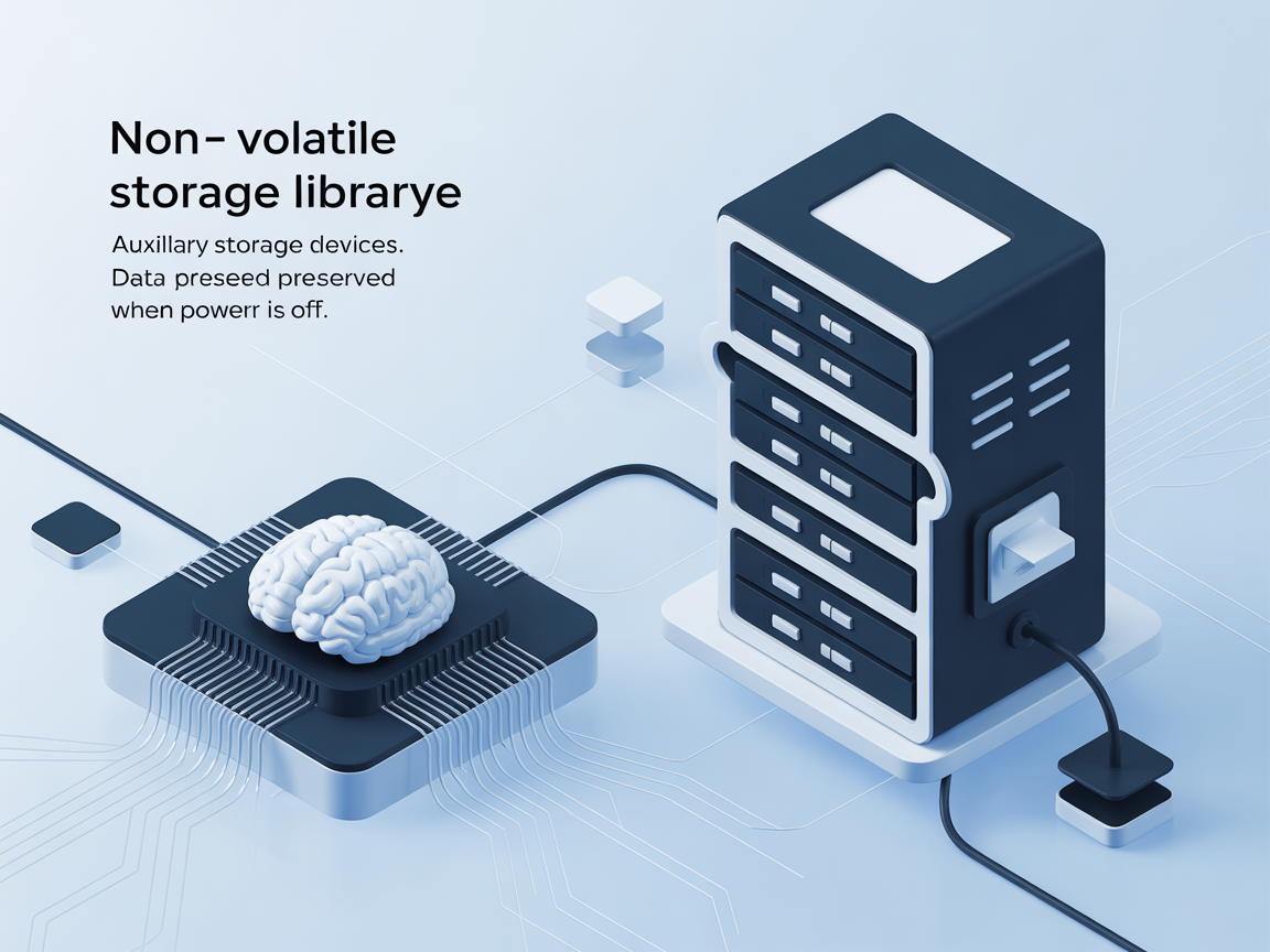 컴퓨터 두뇌와 보조기억장치를 시각적으로 표현한 인포그래픽 이미지