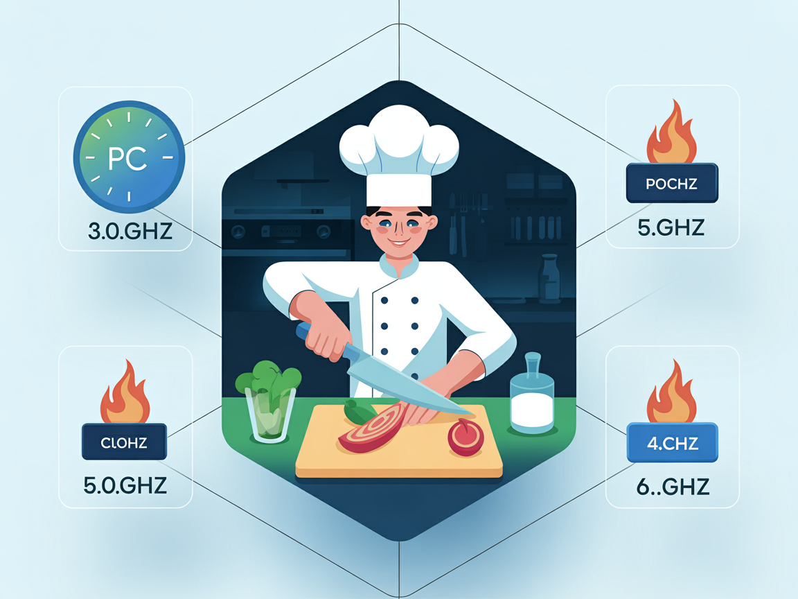 CPU 클럭 속도를 요리사의 빠른 칼질로 비유한 현대적인 디지털 인포그래픽
