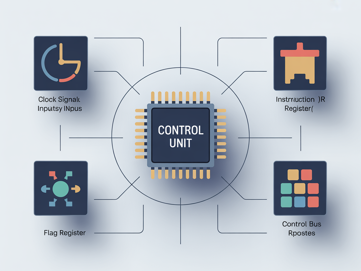 제어장치가 명령어 해독을 위해 참고하는 입력(클럭 IR 플래그 인터럽트 버스)을 시각화한 인포그래픽