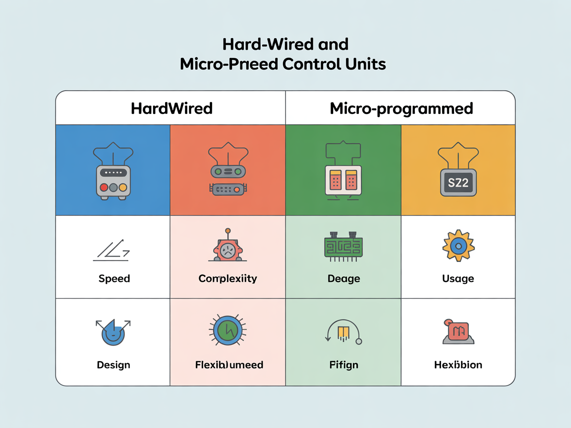 하드와이어드와 마이크로프로그램 제어 방식을 비교 설명하는 디지털 인포그래픽 표