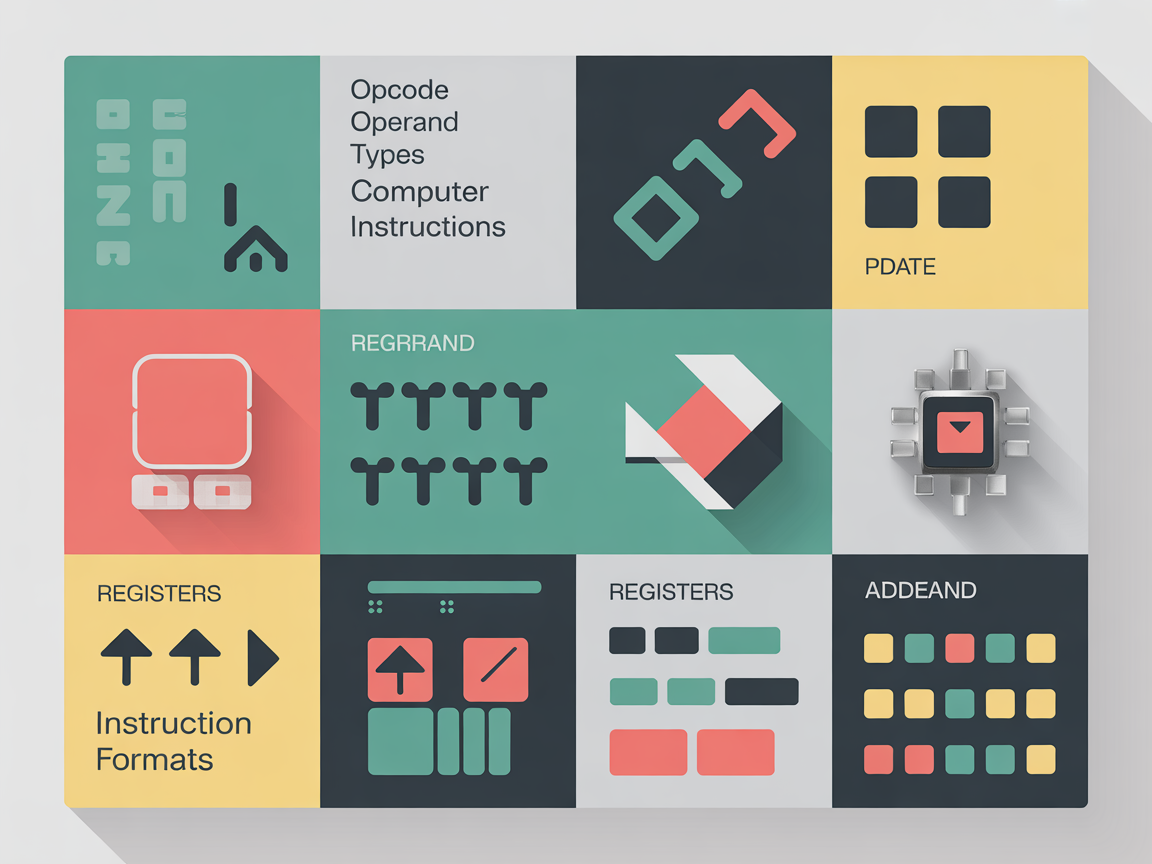 컴퓨터 명령어 설계 원리와 구성 요소를 설명하는 디지털 인포그래픽