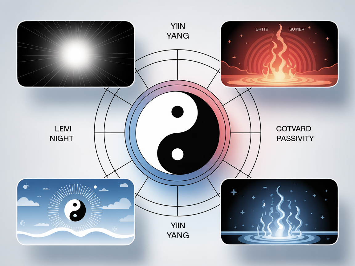 음양의 개념과 상호 보완성을 시각화한 현대적 인포그래픽 이미지