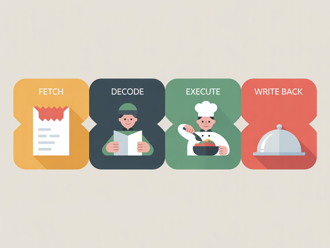 요리 과정에 비유한 CPU 명령어 사이클 단계를 보여주는 현대적인 디지털 인포그래픽