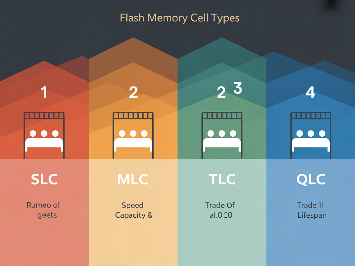 플래시 메모리 셀 타입 SLC MLC TLC QLC의 용량과 특성을 방과 손님 비유로 비교한 이미지