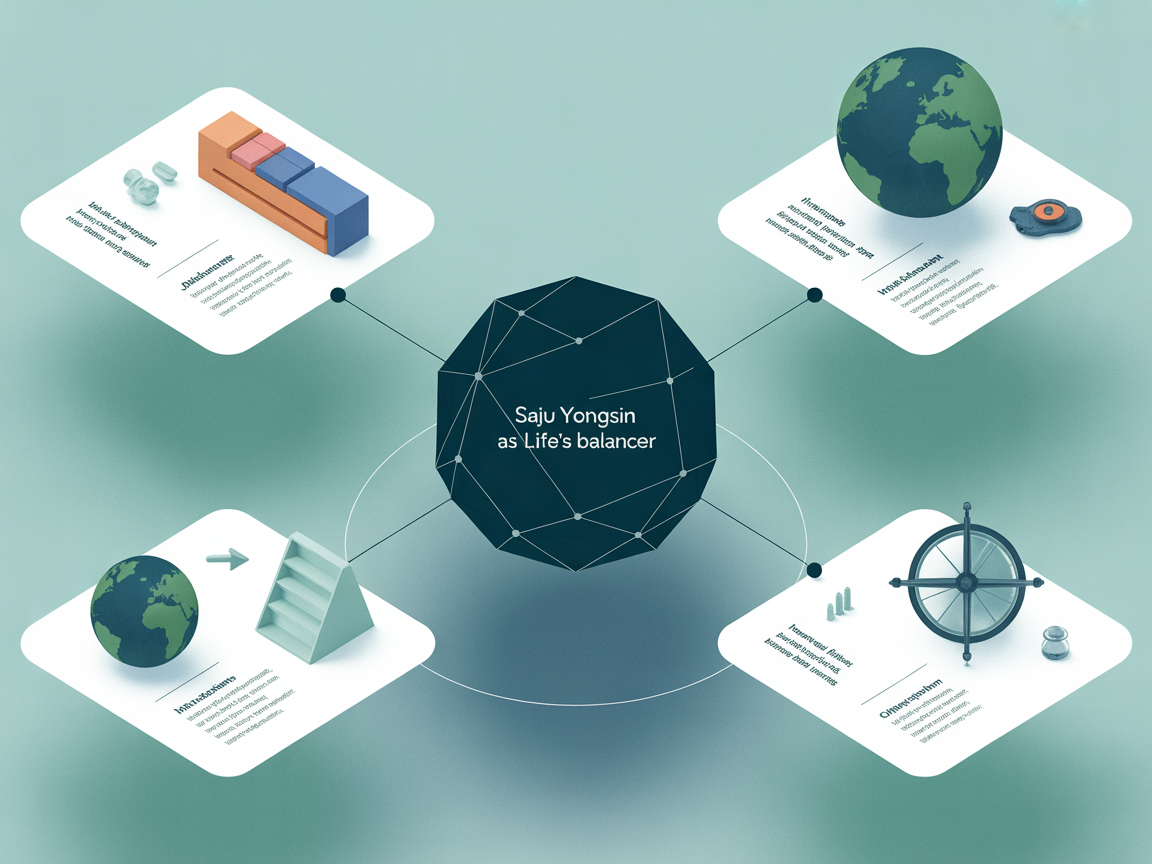 사주용신이 인생의 균형을 잡아주는 중심 개념을 나타내는 현대적 디지털 인포그래픽 이미지