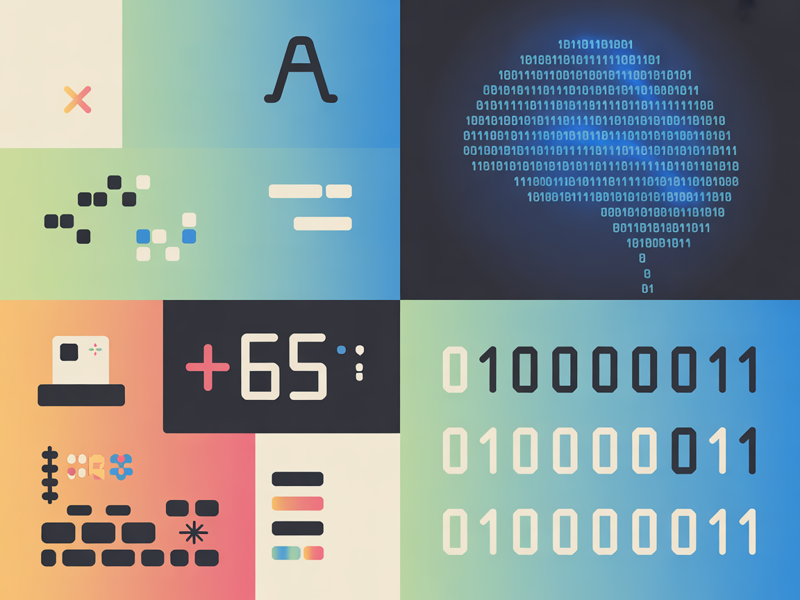 컴퓨터 내부에서 문자 A가 숫자 65와 이진수로 변환되어 저장되는 과정을 나타낸 현대적인 인포그래픽