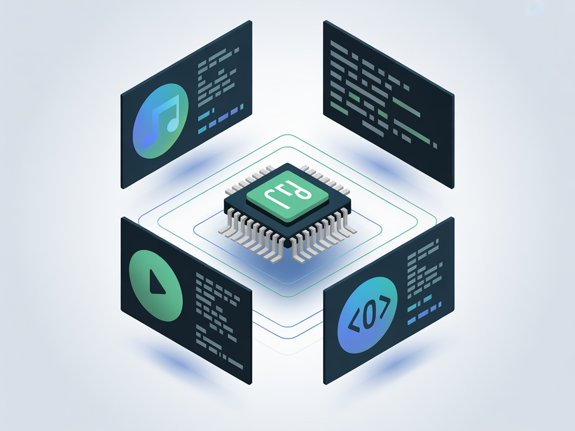 컴퓨터의 중앙 처리 장치(CPU)가 음악 재생과 코딩을 동시에 처리하는 모습을 나타내는 인포그래픽