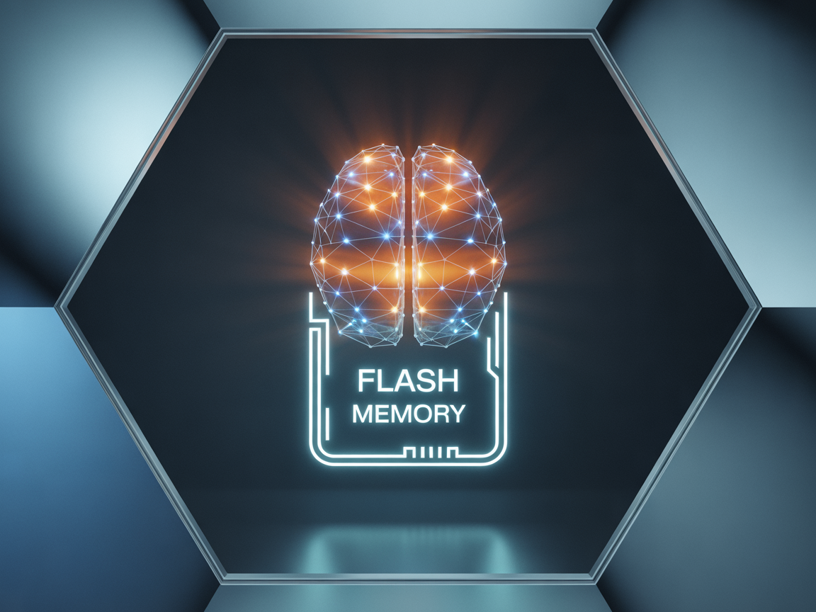 플래시 메모리를 인류 지식과 AI 두뇌를 담는 미래형 그릇으로 표현한 이미지