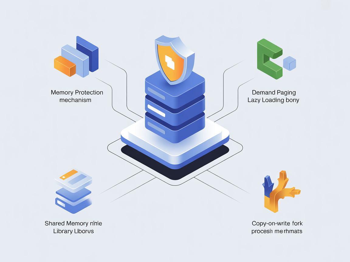 가상 메모리의 보호, 요구 페이징, 메모리 공유, 복사-쓰기 최적화를 시각적으로 표현하는 디지털 인포그래픽