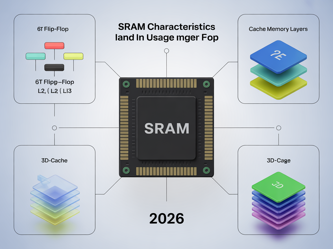 SRAM의 구조, 캐시 메모리 용도, 2026년 3D V-Cache 기술을 보여주는 깔끔한 디지털 인포그래픽