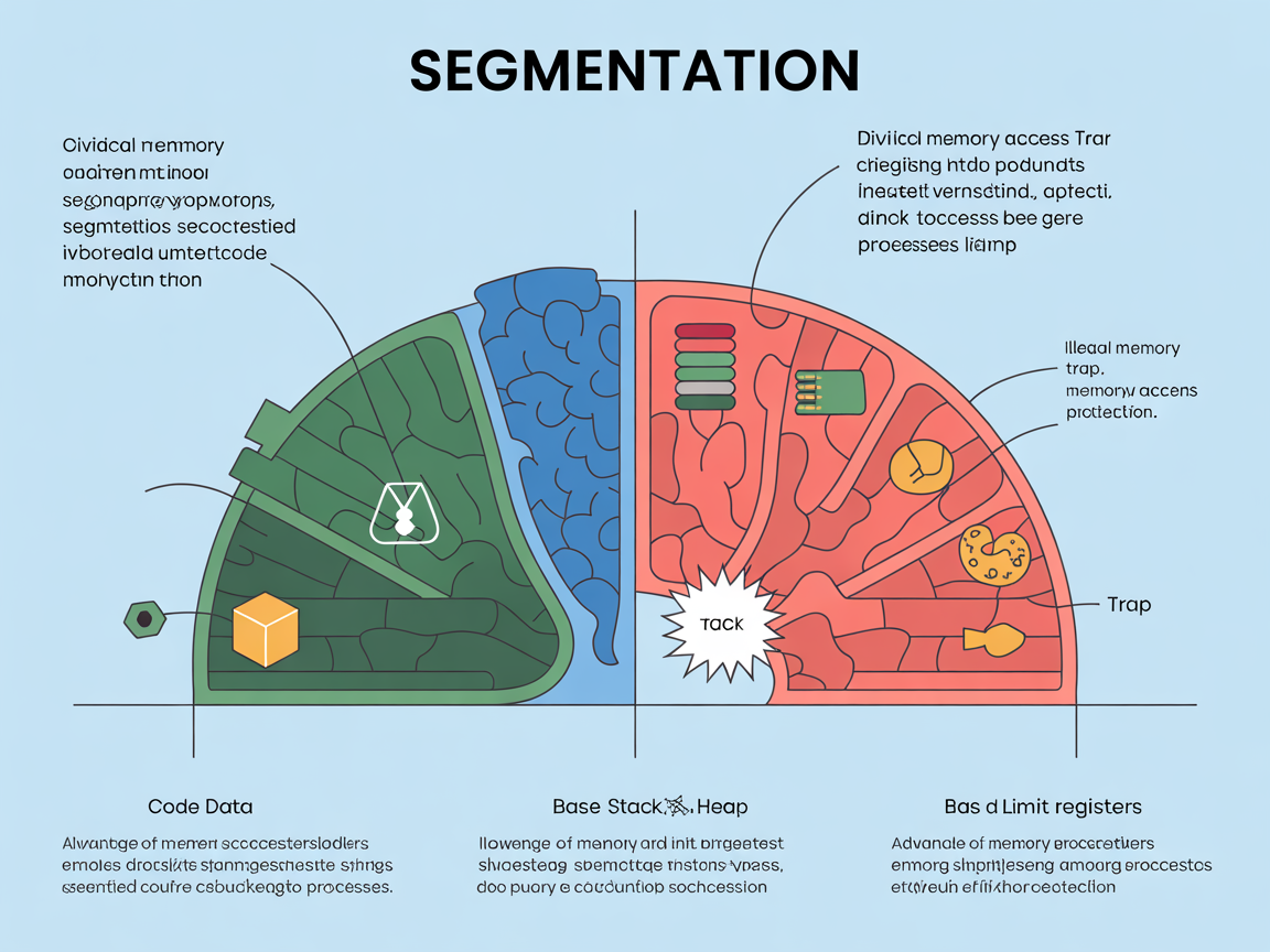 메모리를 논리적 단위로 분할하는 세그멘테이션과 보호 기능, 불법 접근 트랩, 메모리 공유 장점을 설명하는 인포그래픽
