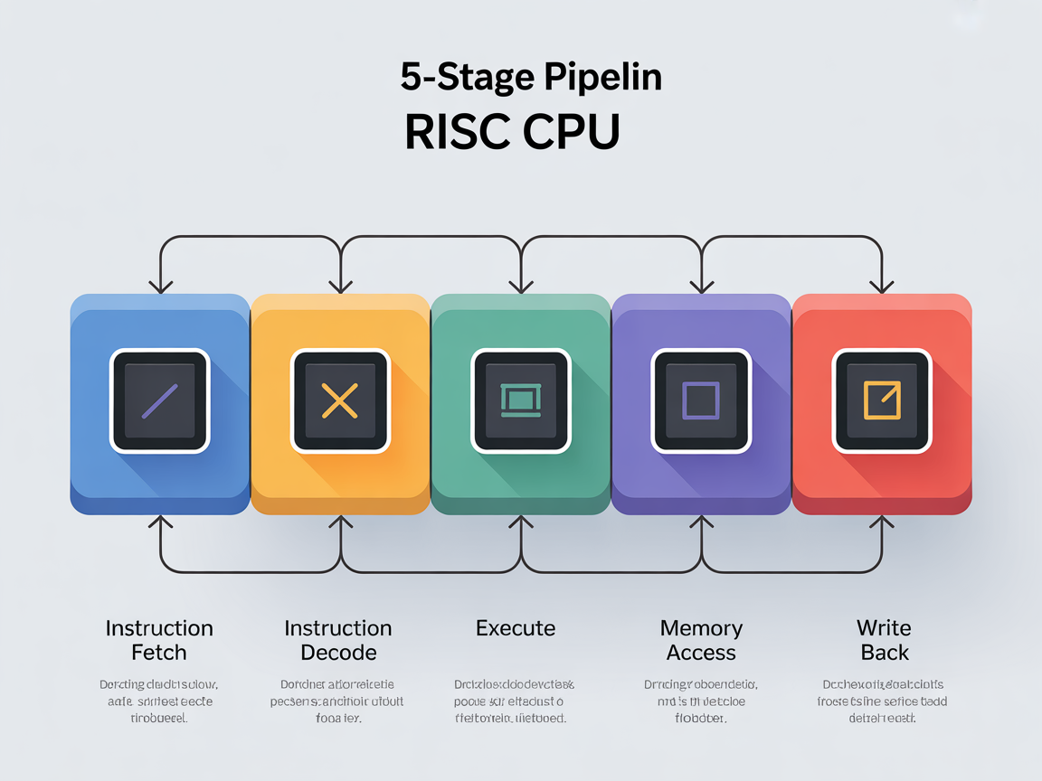 RISC CPU 5단계 파이프라인 구조를 깔끔한 인포그래픽으로 표현한 이미지