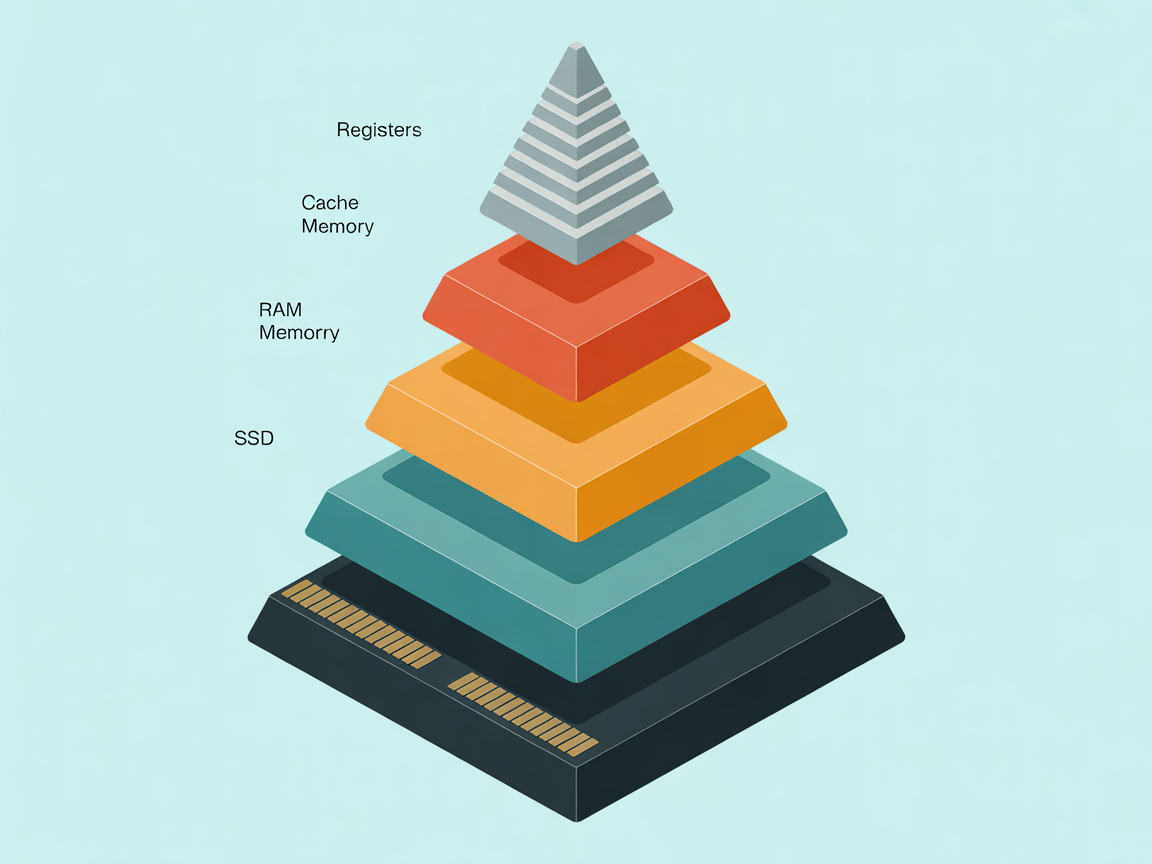 메모리 계층 구조를 보여주는 피라미드 인포그래픽, 최상단에 레지스터 위치