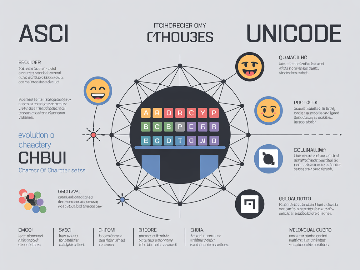 문자 집합의 역사와 발전 과정을 요약한 인포그래픽