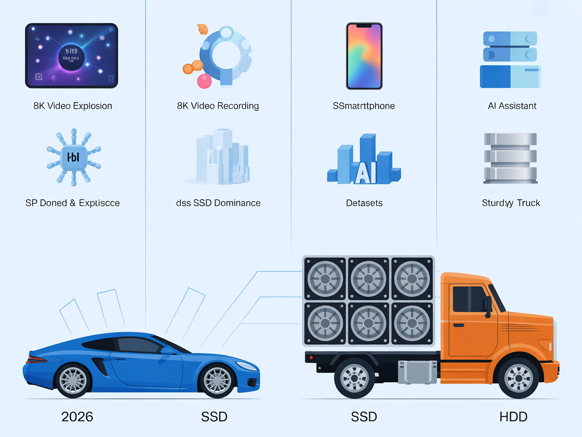 2026년에도 HDD 수요가 유지되는 이유를 나타내는 현대적 디지털 인포그래픽, 데이터 폭발과 SSD 스포츠카 대비 HDD 트럭 비유 표현