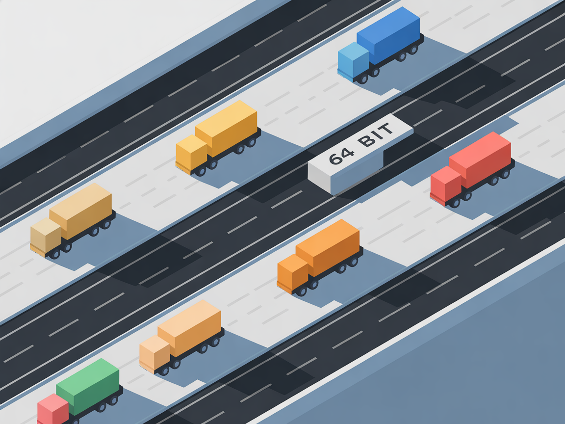 32비트와 64비트 워드 크기 차이를 고속도로 차선과 트럭으로 표현한 이미지
