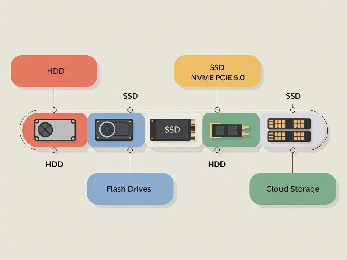 기억장치 종류의 발전과 2026년 현재 주로 사용되는 보조기억장치 타입을 보여주는 타임라인 인포그래픽