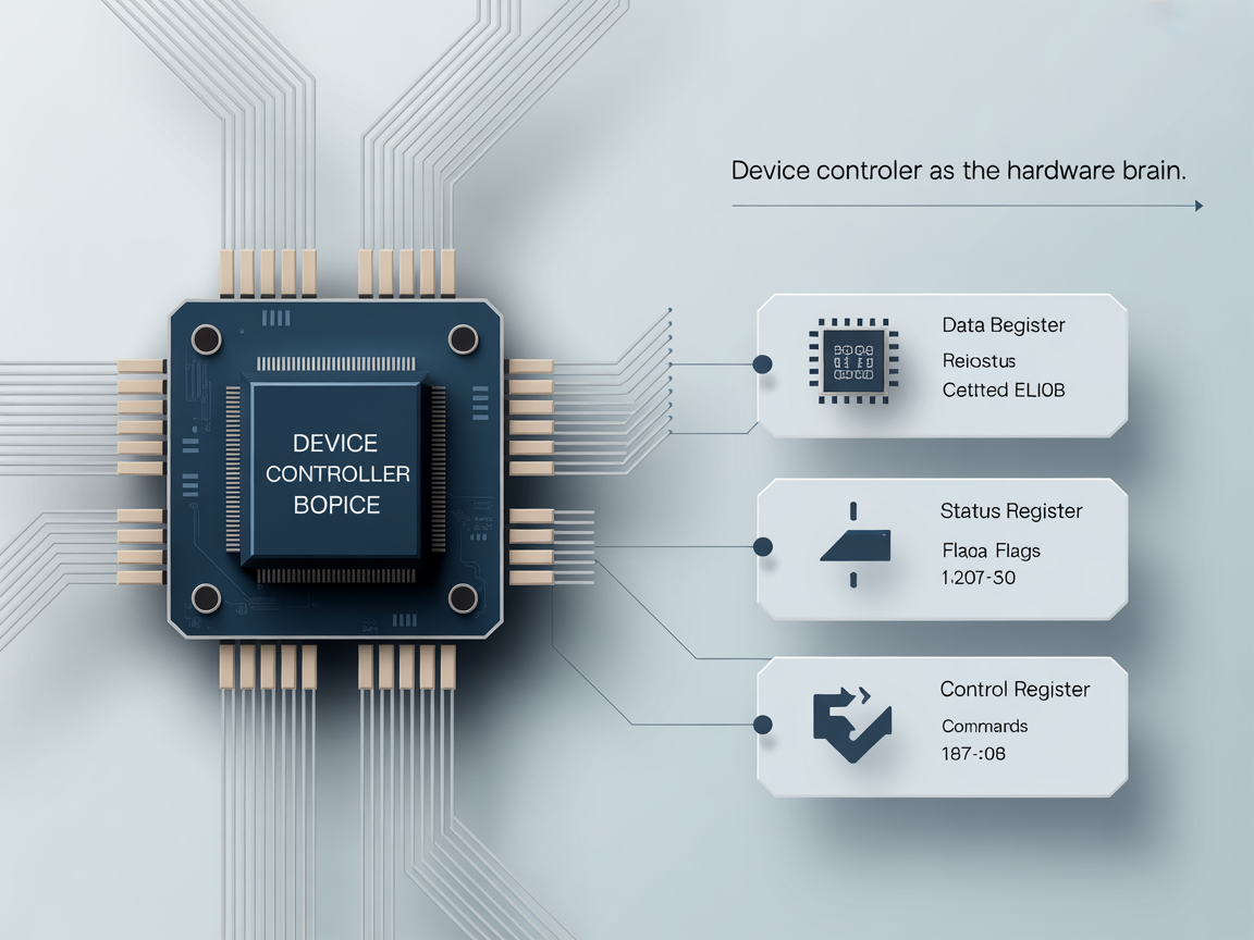 하드웨어의 뇌 역할을 하는 장치 컨트롤러와 주요 레지스터들을 설명하는 디지털 인포그래픽