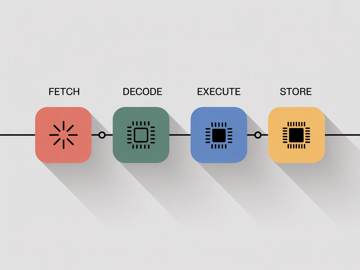 CPU 명령어 사이클 4단계(인출, 해독, 실행, 저장)를 타임라인 구조로 표현한 인포그래픽