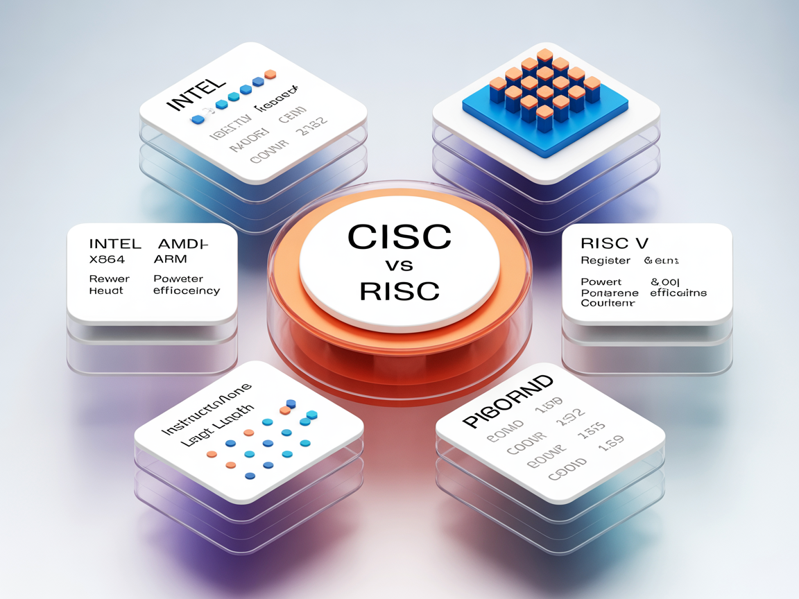 CISC와 RISC 컴퓨터 구조의 비교를 보여주는 현대적인 인포그래픽