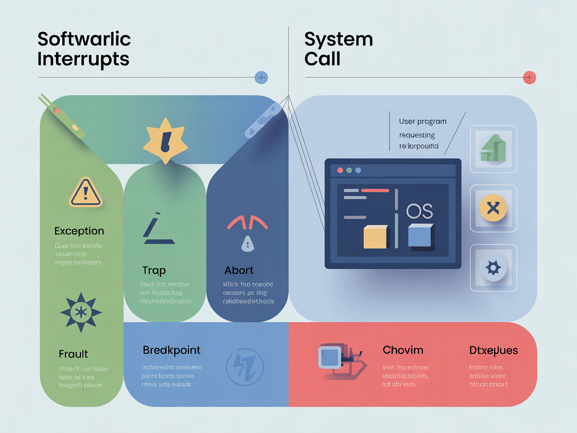 소프트웨어 인터럽트의 예외와 시스템 콜 분류를 나타내는 현대적인 디지털 인포그래픽