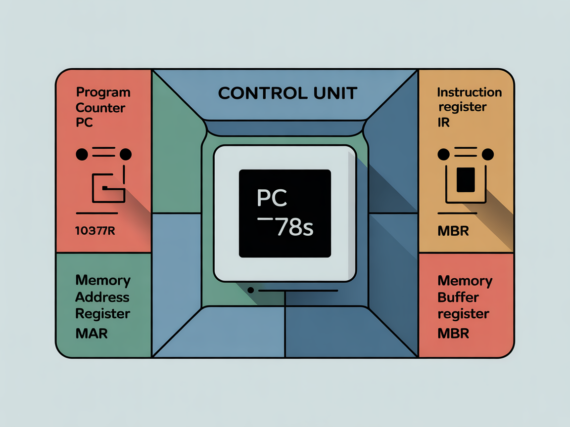 제어장치의 핵심 레지스터들을 기하학적 패널로 표현한 인포그래픽